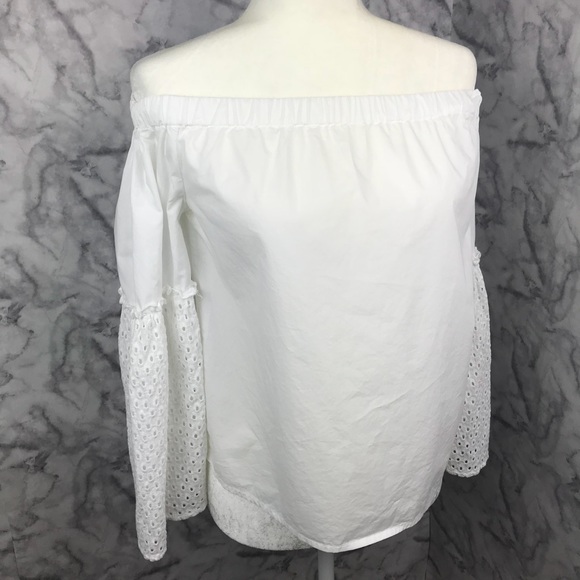White Eyelet Bell Sleeve Off Shoulder Top - Picture 2 of 7